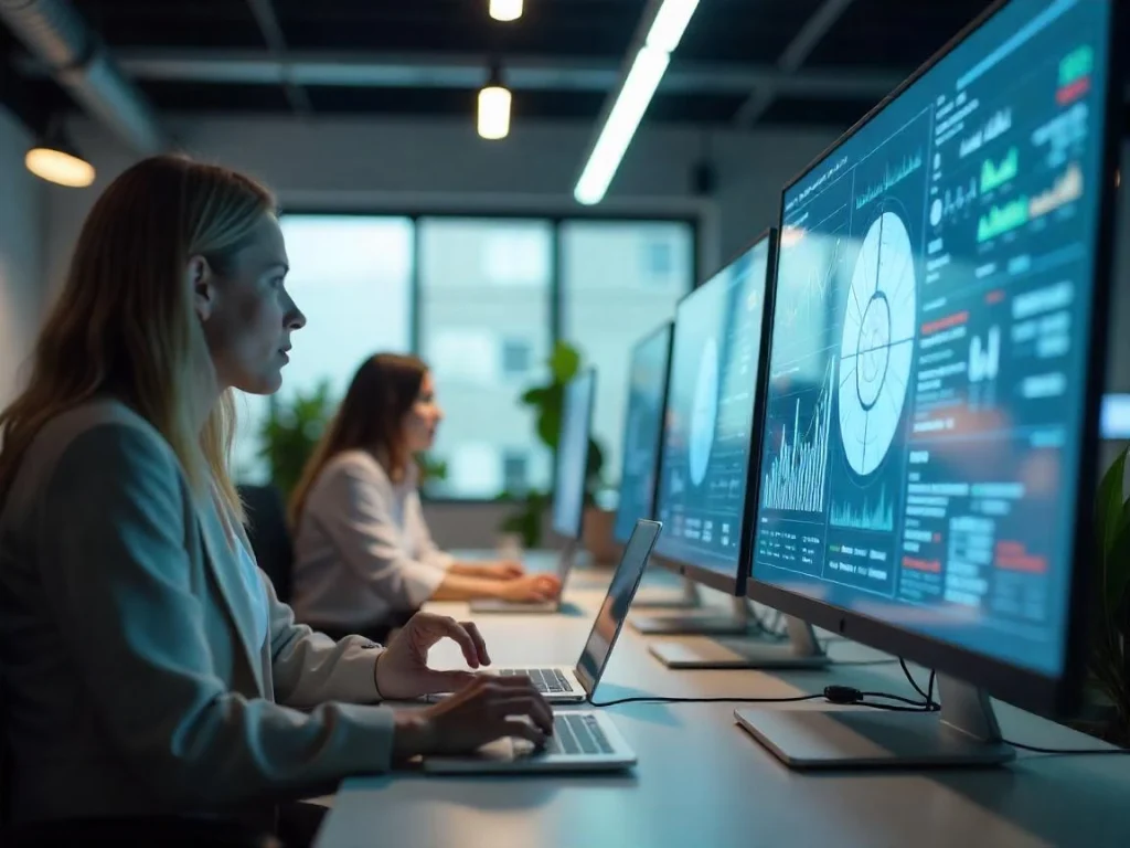 Pracownik analizujący dane wspólnie z systemem AI w firmowym środowisku produkcyjnym