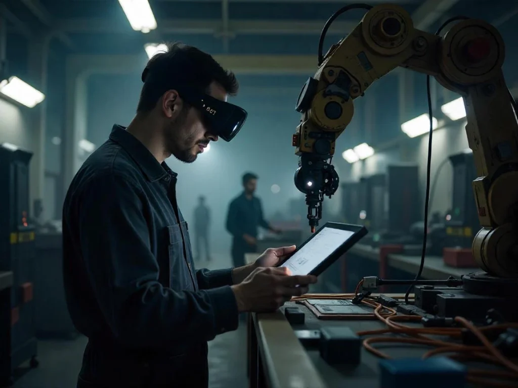 Operator testujący interfejs w rękawicach na hali produkcyjnej
