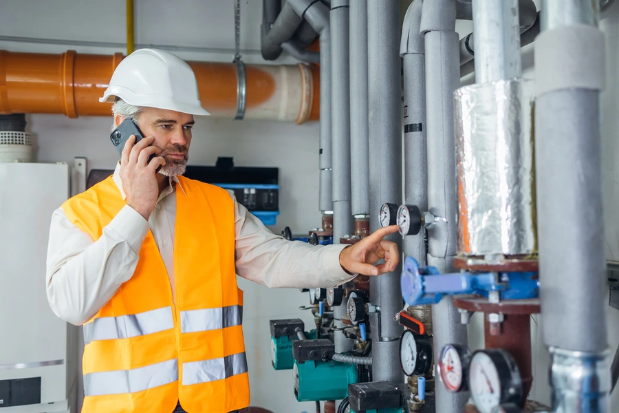 Digitization of production vs. cost reduction (a man in a white helmet and reflective vest, with a phone to his ear reads data from the meter on the pipes)