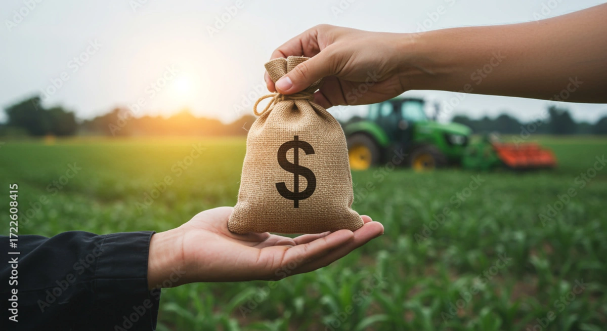 dotacje dla rolników 2025 (na pierwszym planie worek jutowy z symbolem dolara przekazywany z ręki do ręki, w tle pole i traktor)