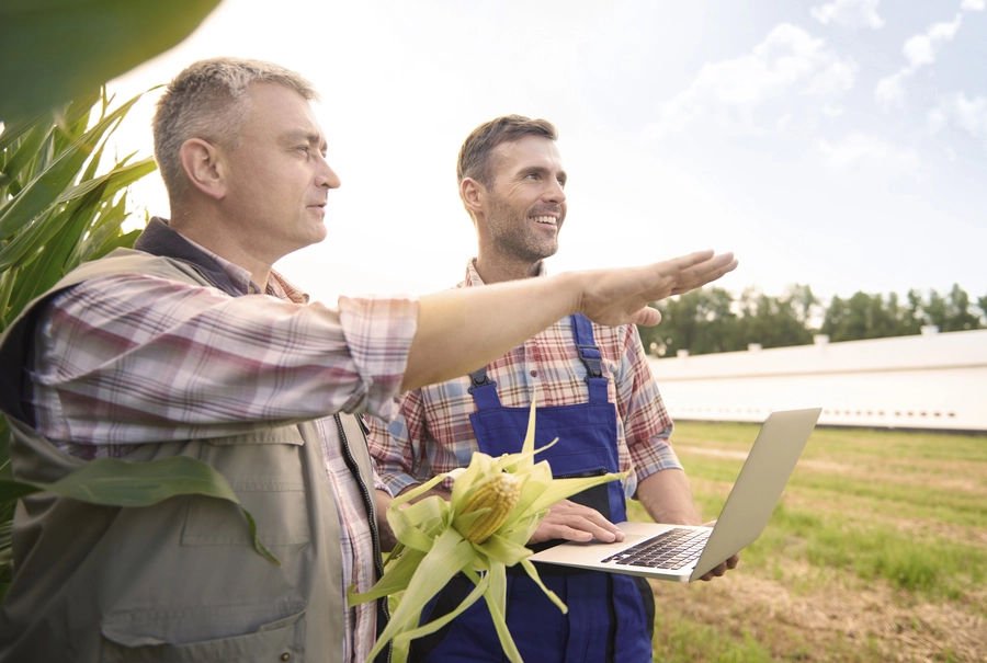 agricultural subsidies (a young farmer holds a laptop in his hands, talks to a man with corn in his hand, who shows a field with his other hand)