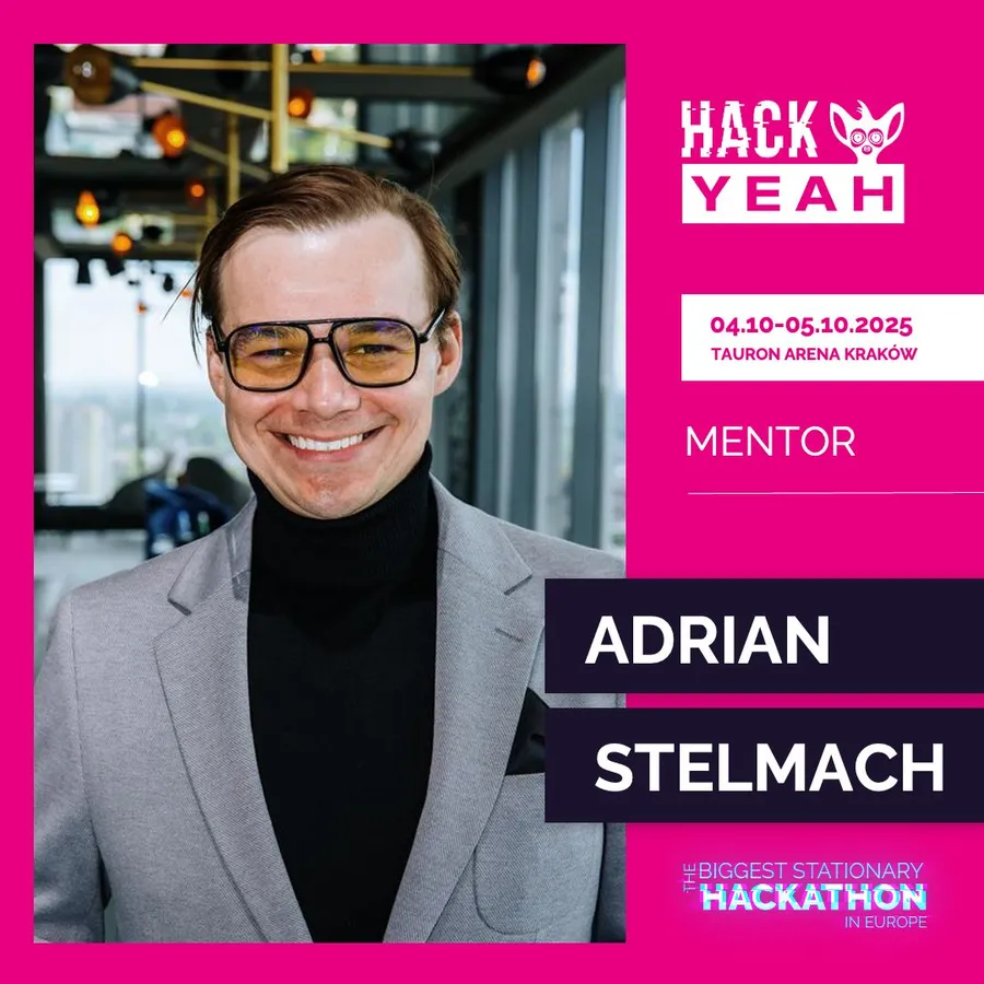 HackYeah-baner – Adrian Stelmach – mentor na konferencja