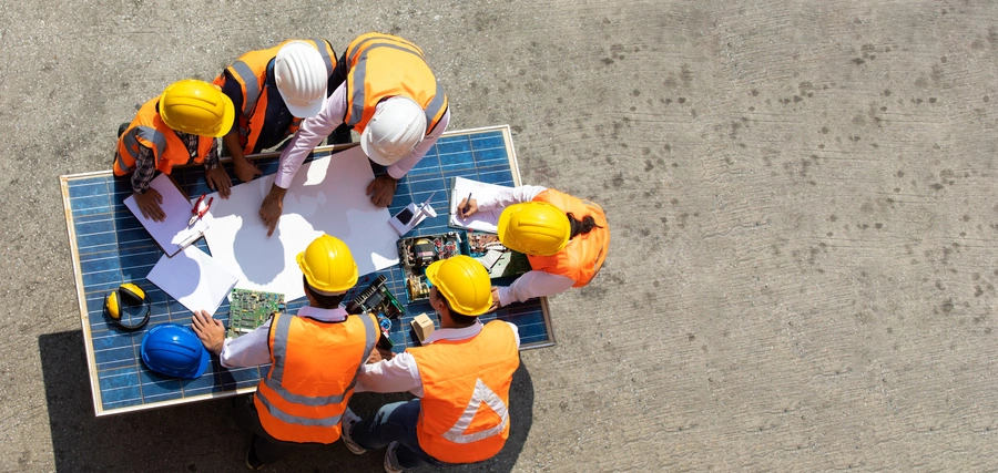 How to manage technological change in a company (6 employees in helmets and reflective vests leaning over a table)