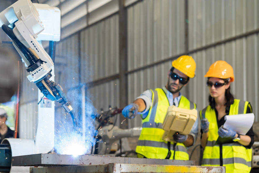 AI w produkcji (dwóch pracowników produkcji (kobieta i mężczyzna) w żółtych kaskach, ciemnych okularach i kamizelkach odblaskowych obserwują robota podczas pracy