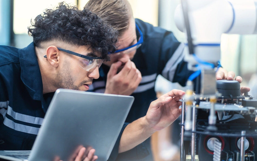 Inżynierowie analizują dane produkcyjne i konfigurują maszynę przemysłową z wykorzystaniem laptopa.