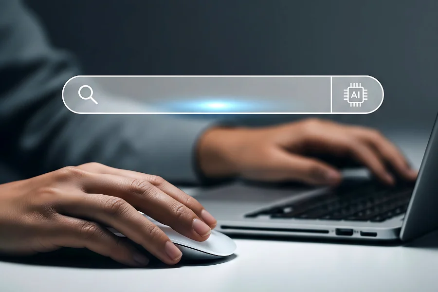 Stopa zwrotu z inwestycji w AI - jakie koszty uwzględnić? (zdjęcie laptopa i rąk, pasek wyszukiwarki z AI)