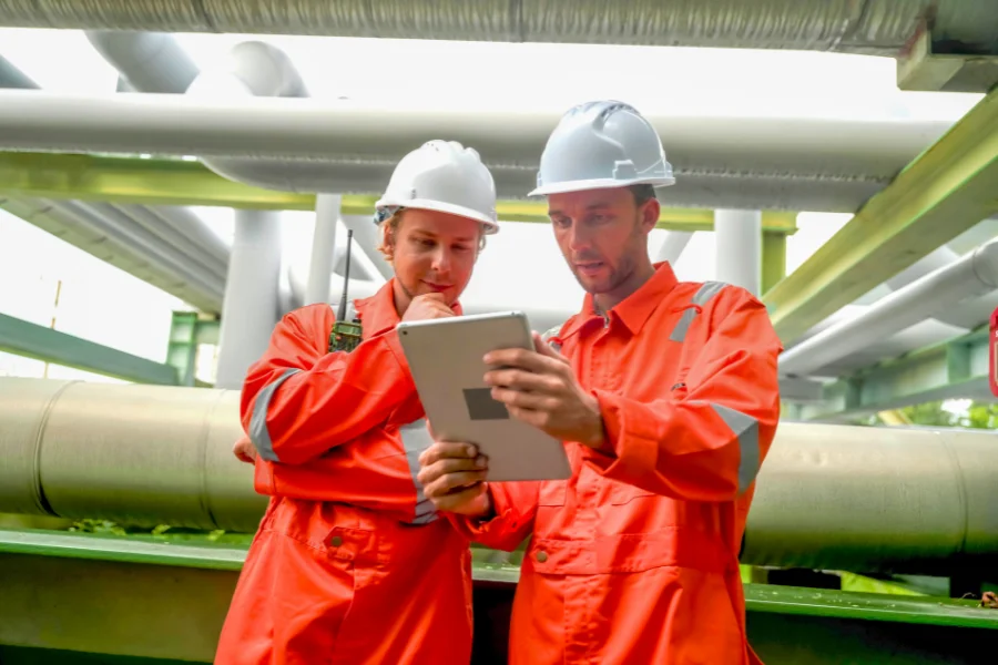 Zła jakość danych - konsekwencje może odczuć cały zakład (dwóch pracowników sprawdzających dane na tablecie)