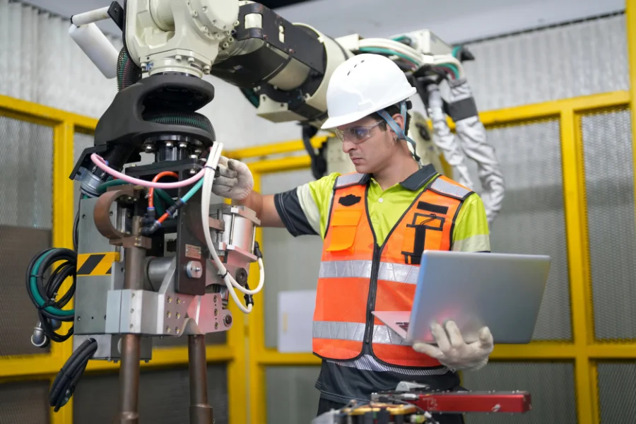 Wdrożenie predictive maintenance - kiedy jest dobrym pierwzym krokiem? (zdjęcie pracownika naprawiającego robota)
